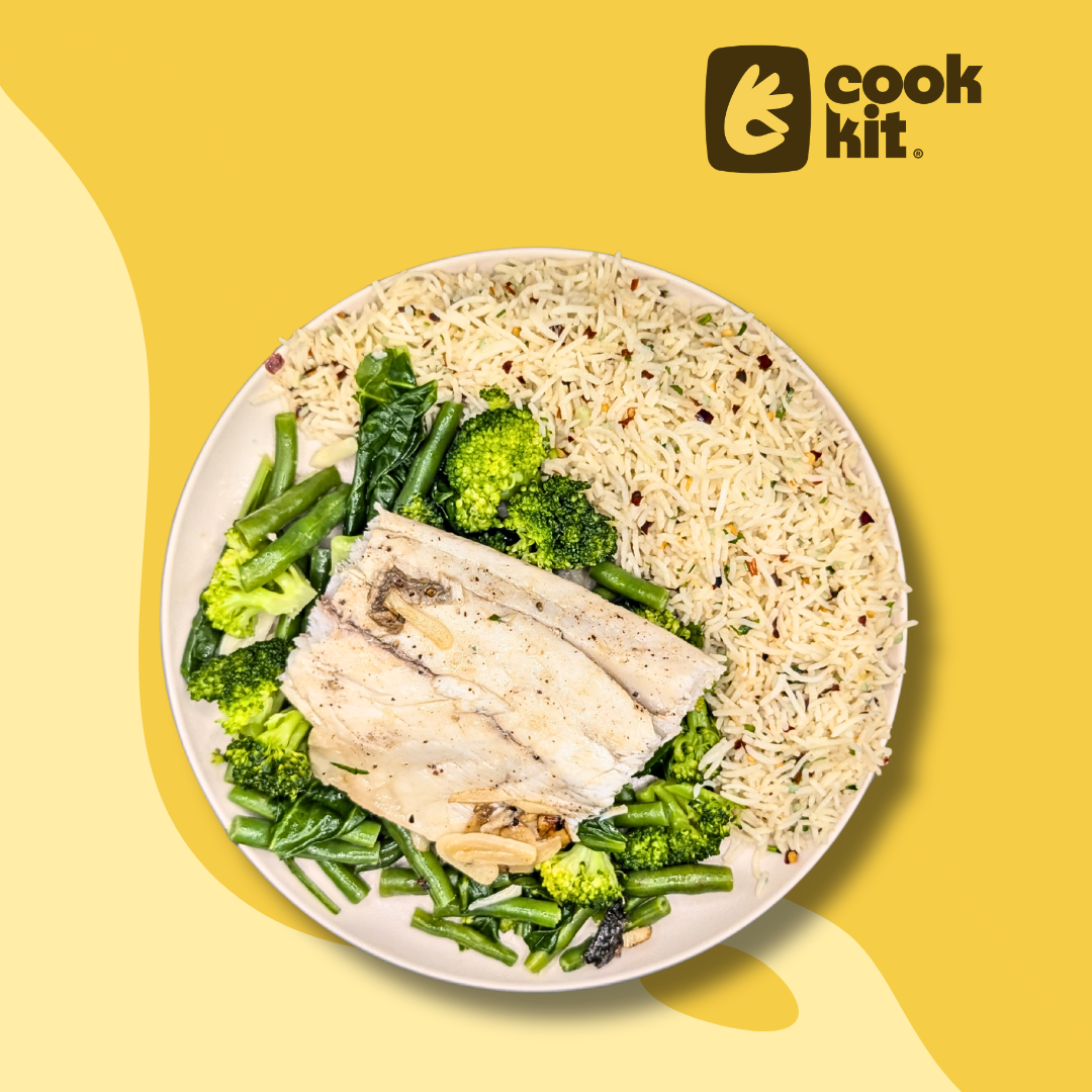 Lemon Butter Seabass with Garlic Greens and Herb Rice