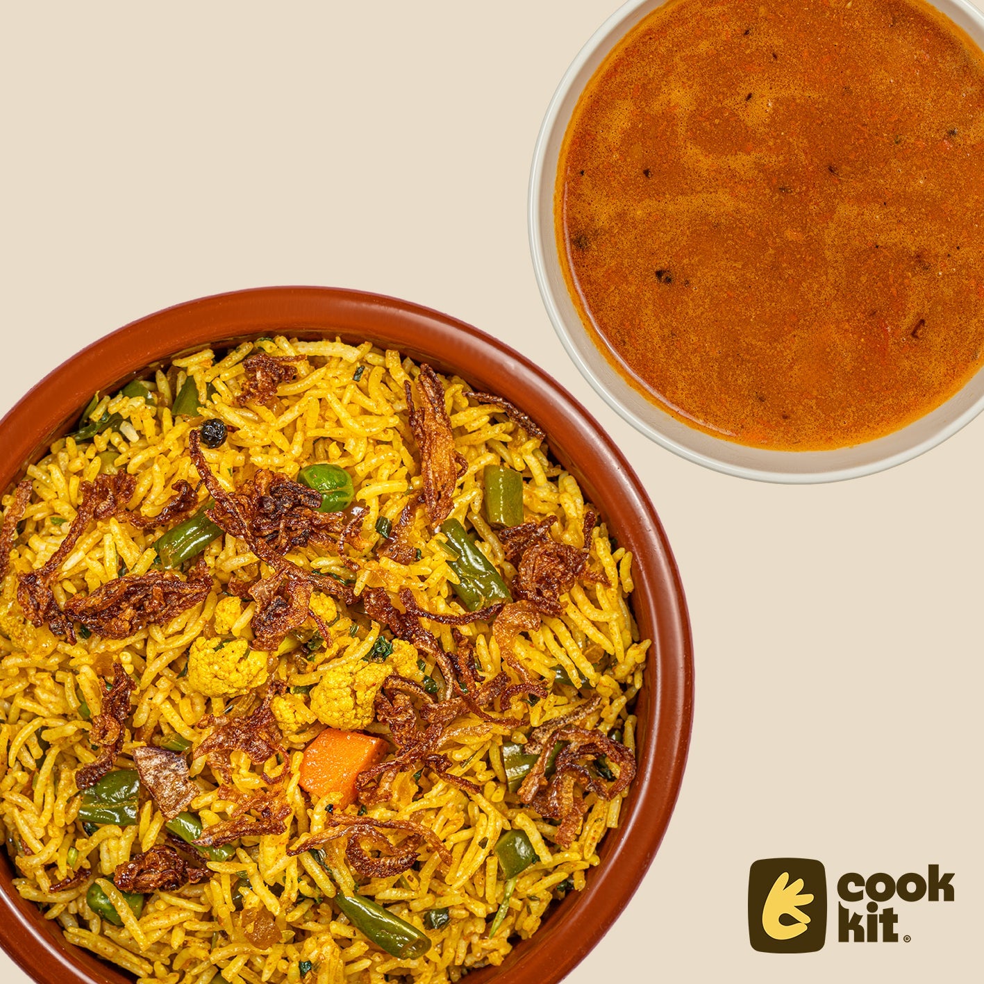 Chicken Rassam + Veg Biryani.