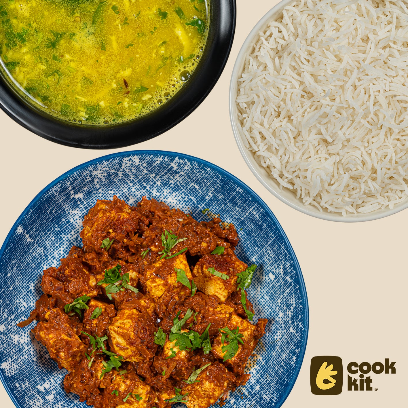 Paneer Kolhapuri Sukke + Khobra Jeera Varan + Rice