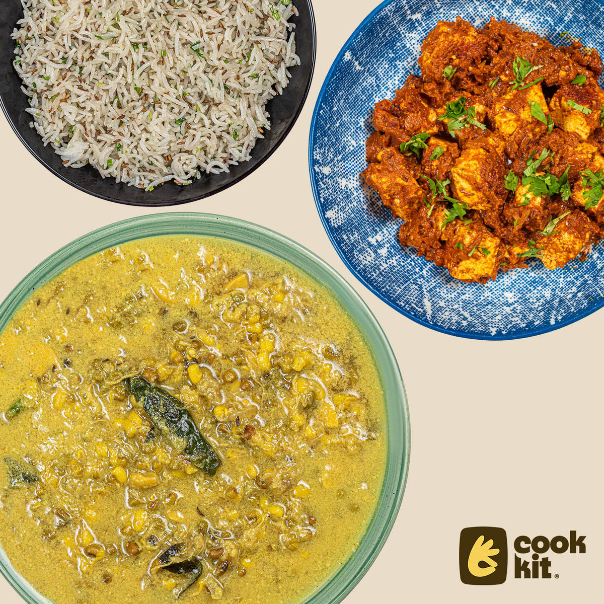 Paneer Kolhapuri Sukke + Moong Cashew Ussal + Jeera Rice