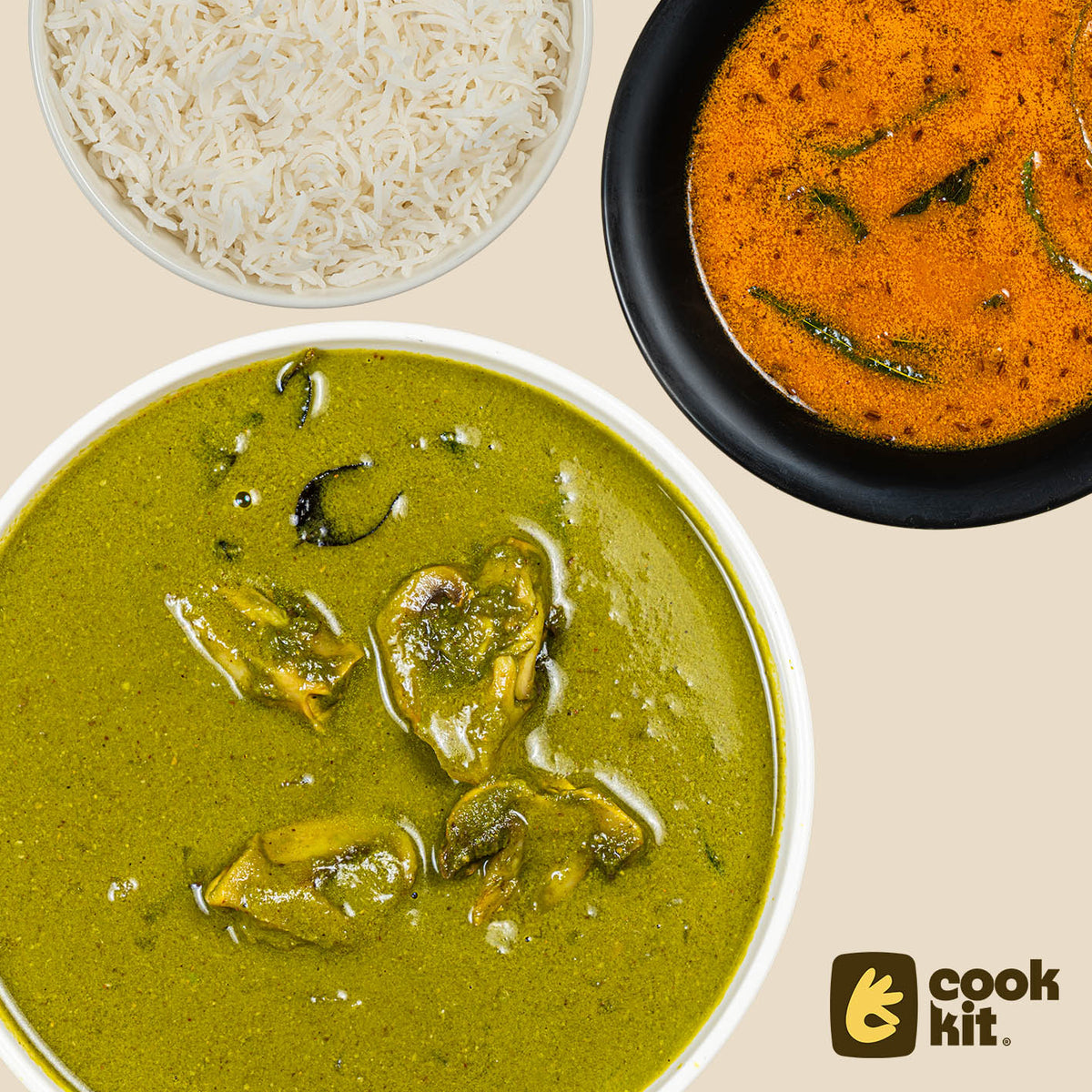 Tomato Saar + Mushroom Malabar Curry + Rice