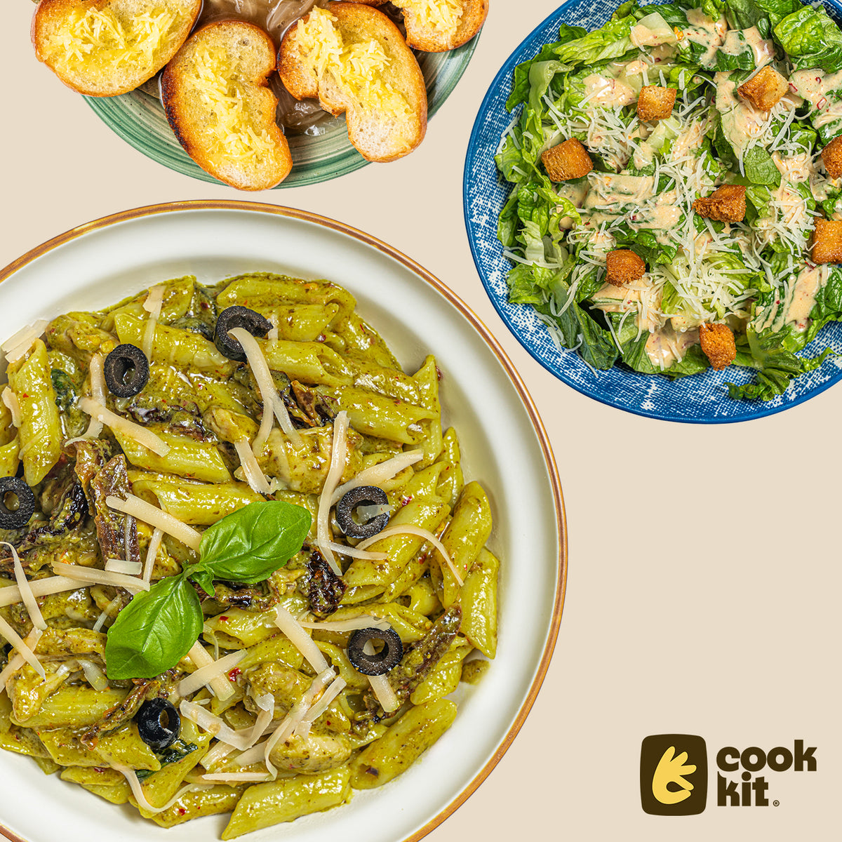 Veg Caesar Salad + Chicken Penne Pesto + Garlic bread