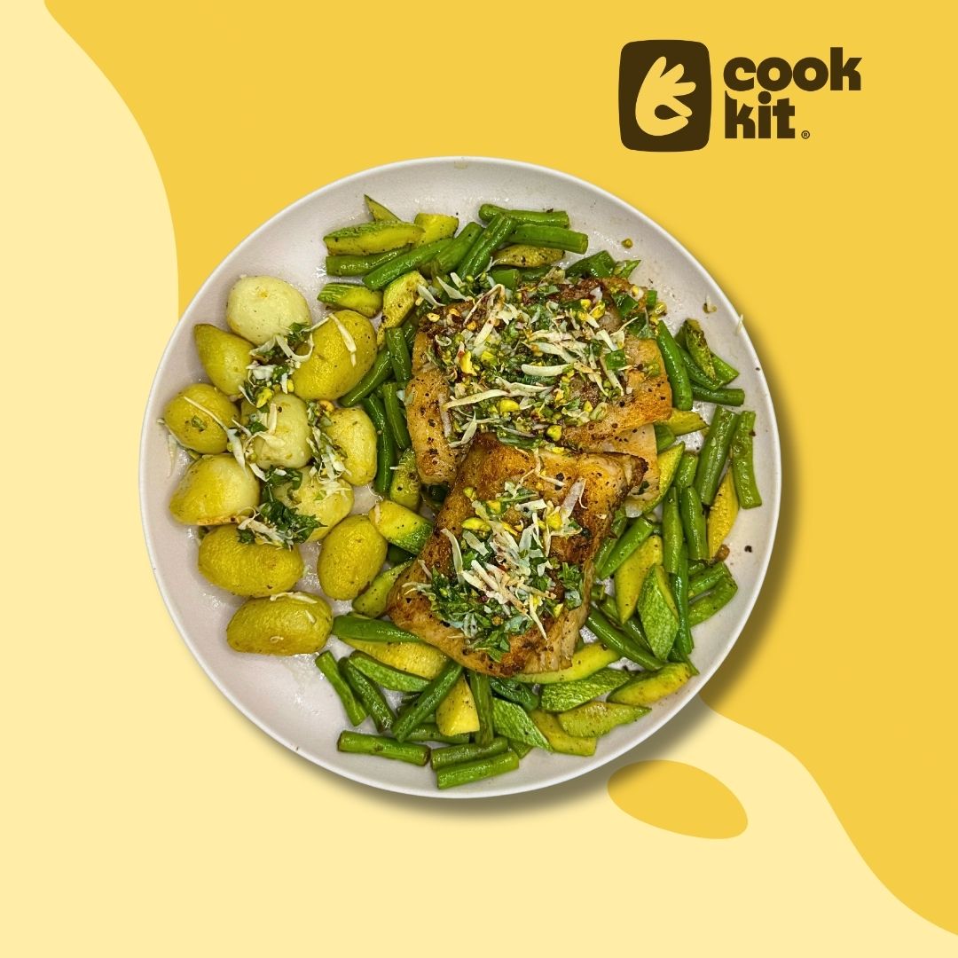 Seared Hammour with Pistachio Sauce and Greens