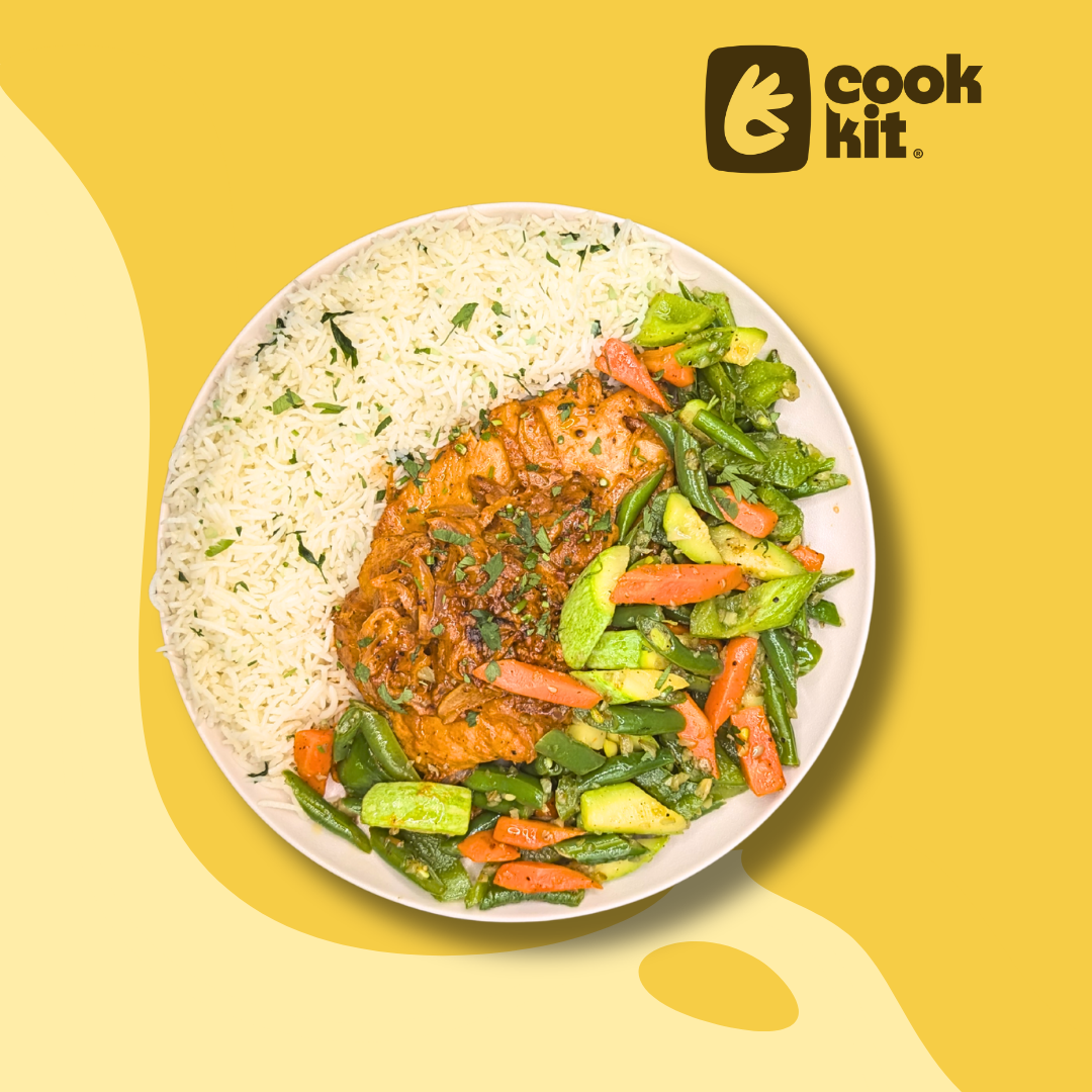 Paprika Chicken with Garlic Rice and Sauteed Vegetables