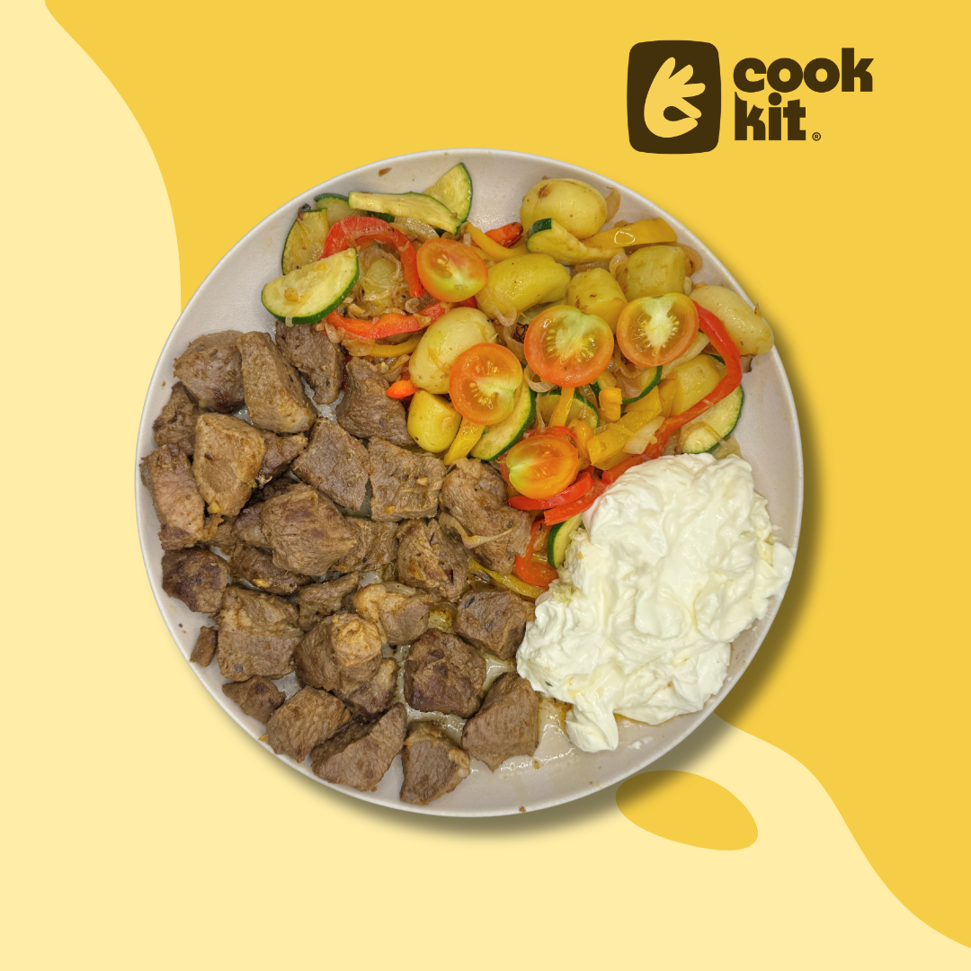 Lamb and vegetable skillet with Garlic Yogurt sauce