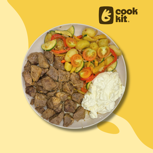 Lamb and vegetable skillet with Garlic Yogurt sauce