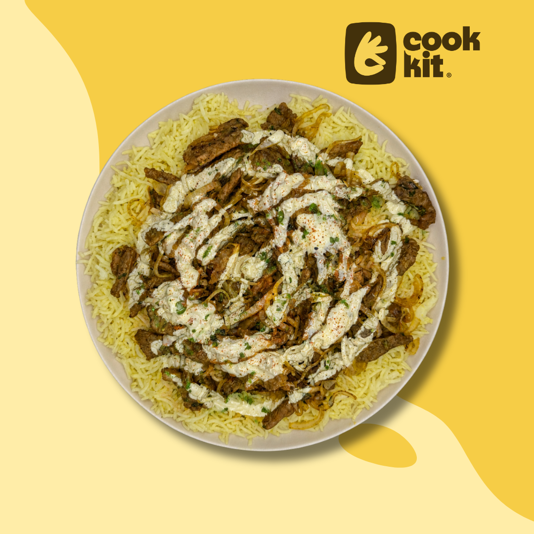 Beef Shawarma Bowl with Saffron Rice and Garlic Sauce