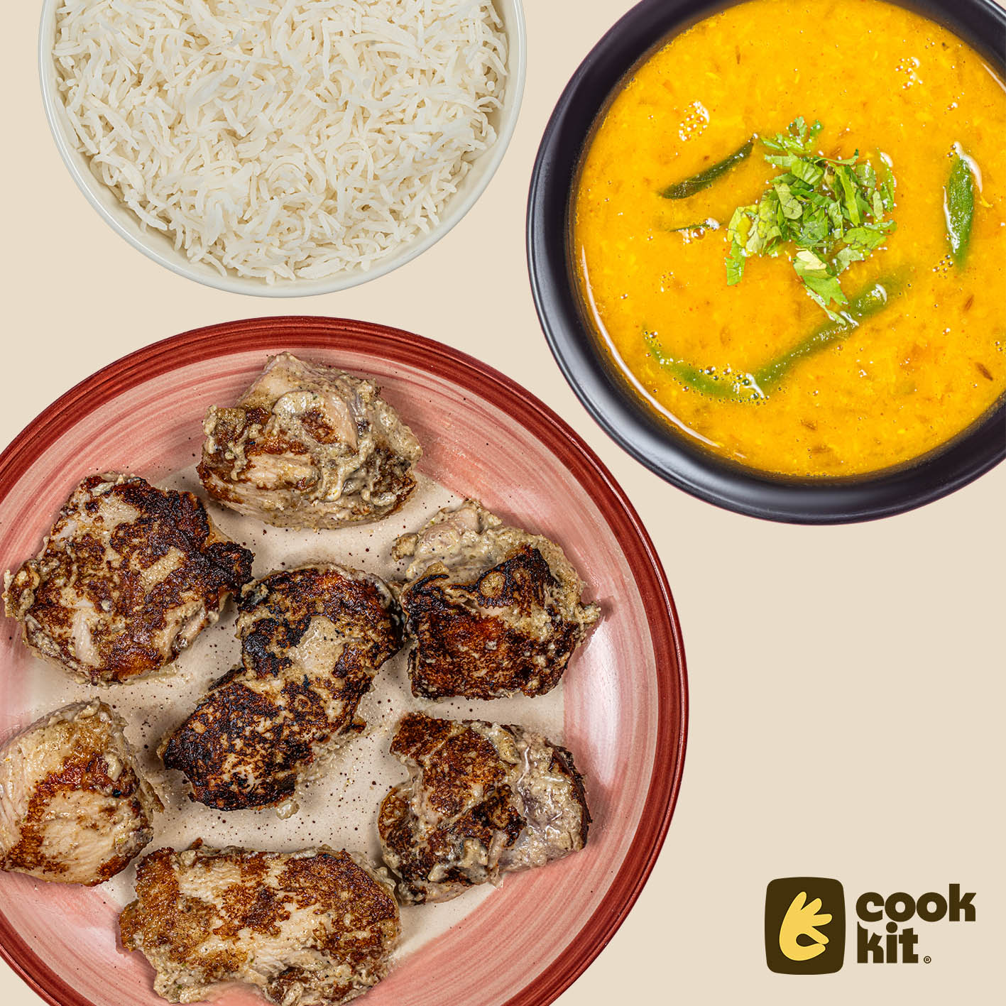 Chicken Afghani tikka + Dal Fry + Jeera Rice.