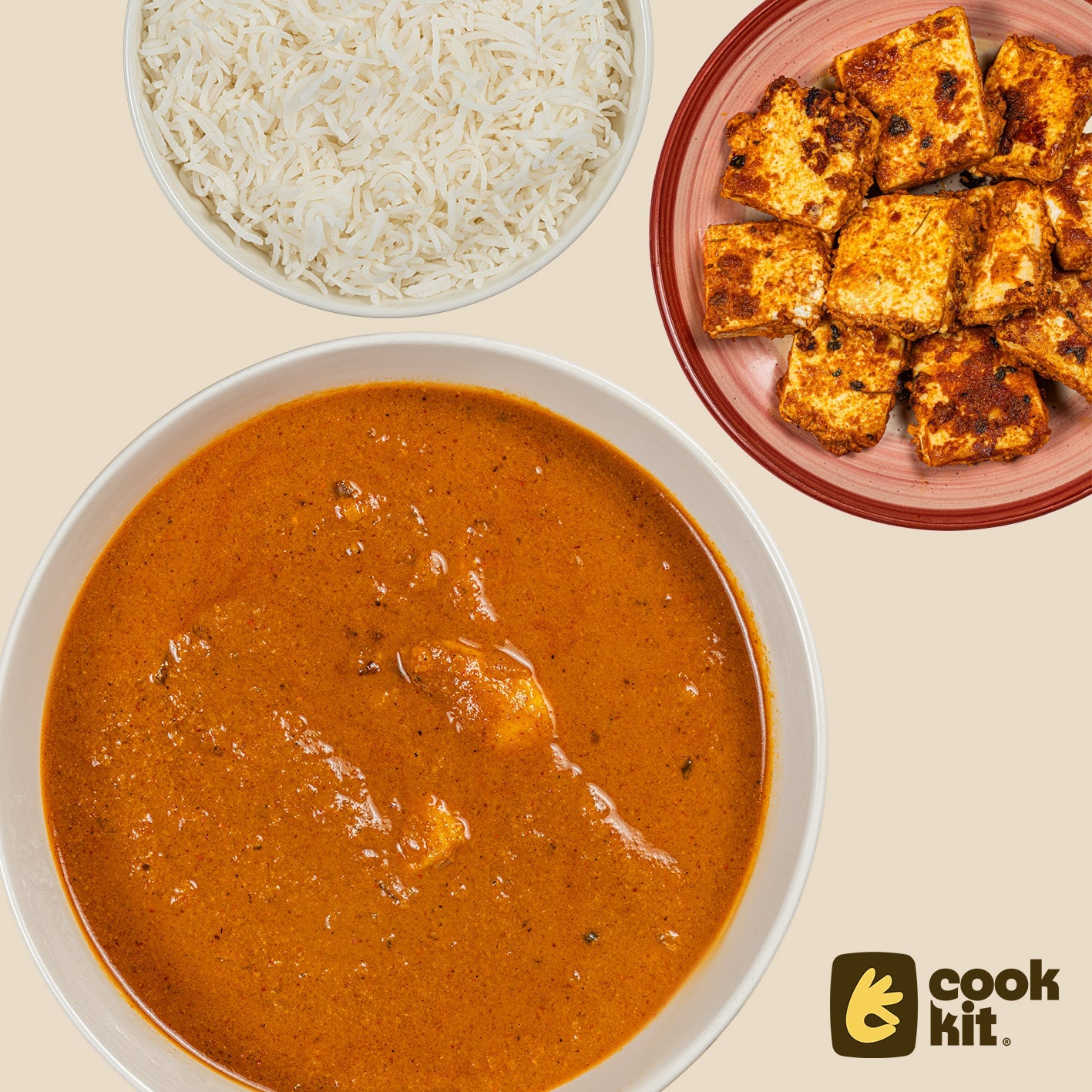 Achaari Paneer Tikka + Chicken Xacuti + Rice.