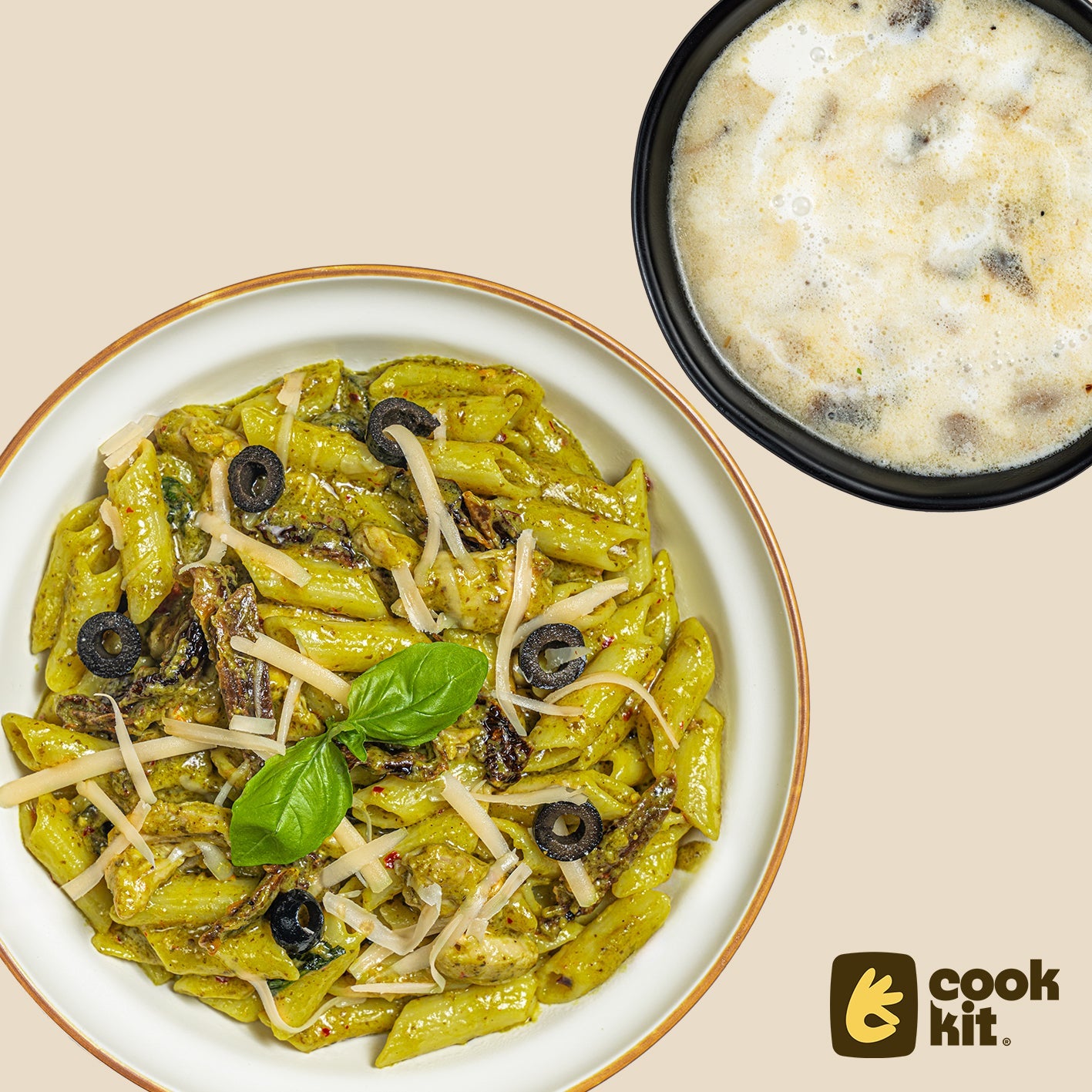 Cream of Mushroom + Chicken Penne Pesto.
