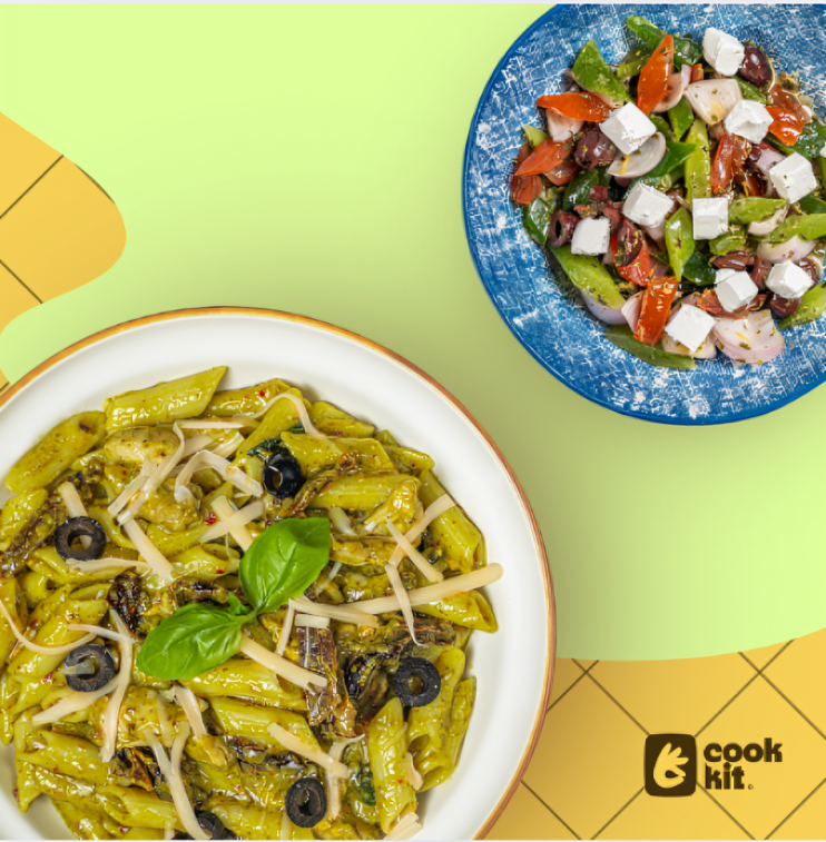 Greek Salad + Chicken Penne Pesto.