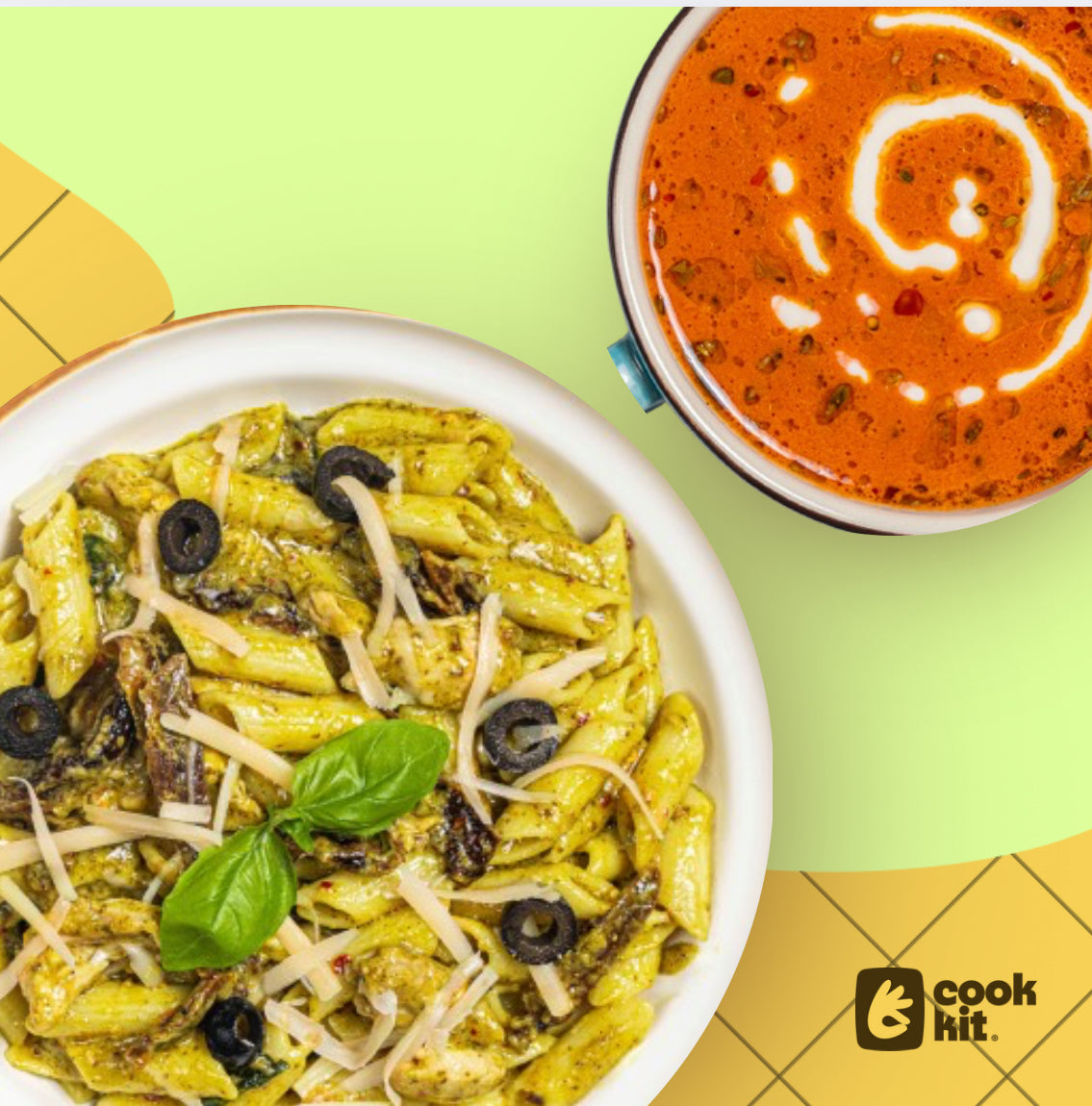 Roasted Tomato Soup + Chicken Penne Pesto
