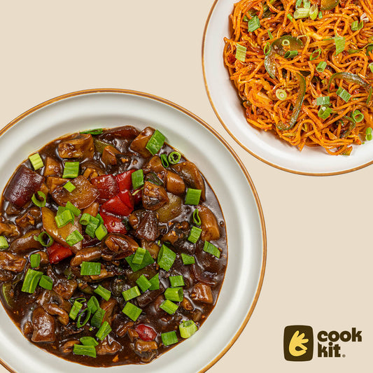 Mushroom Black Bean sauce stir fry + Veg Schezwan Noodles