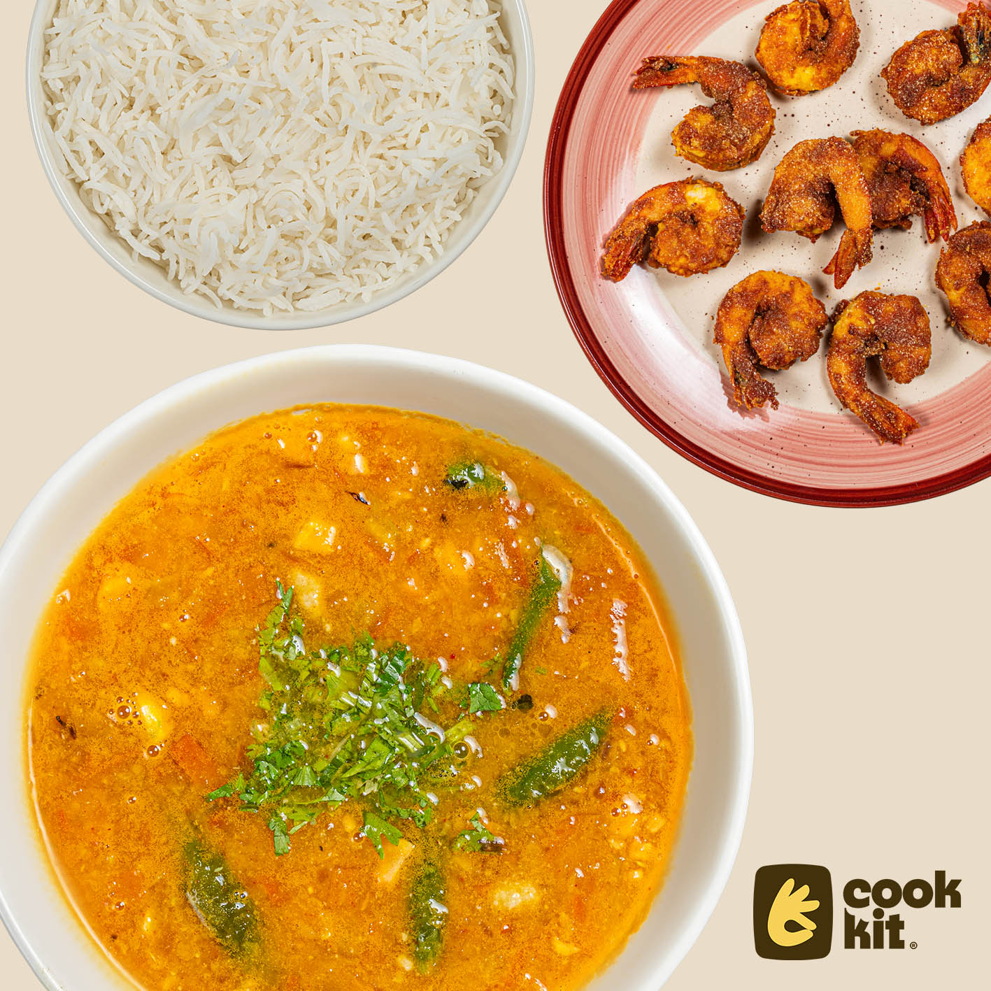 Malwani Fry Prawns + Khobra Jeera Varan + Rice.