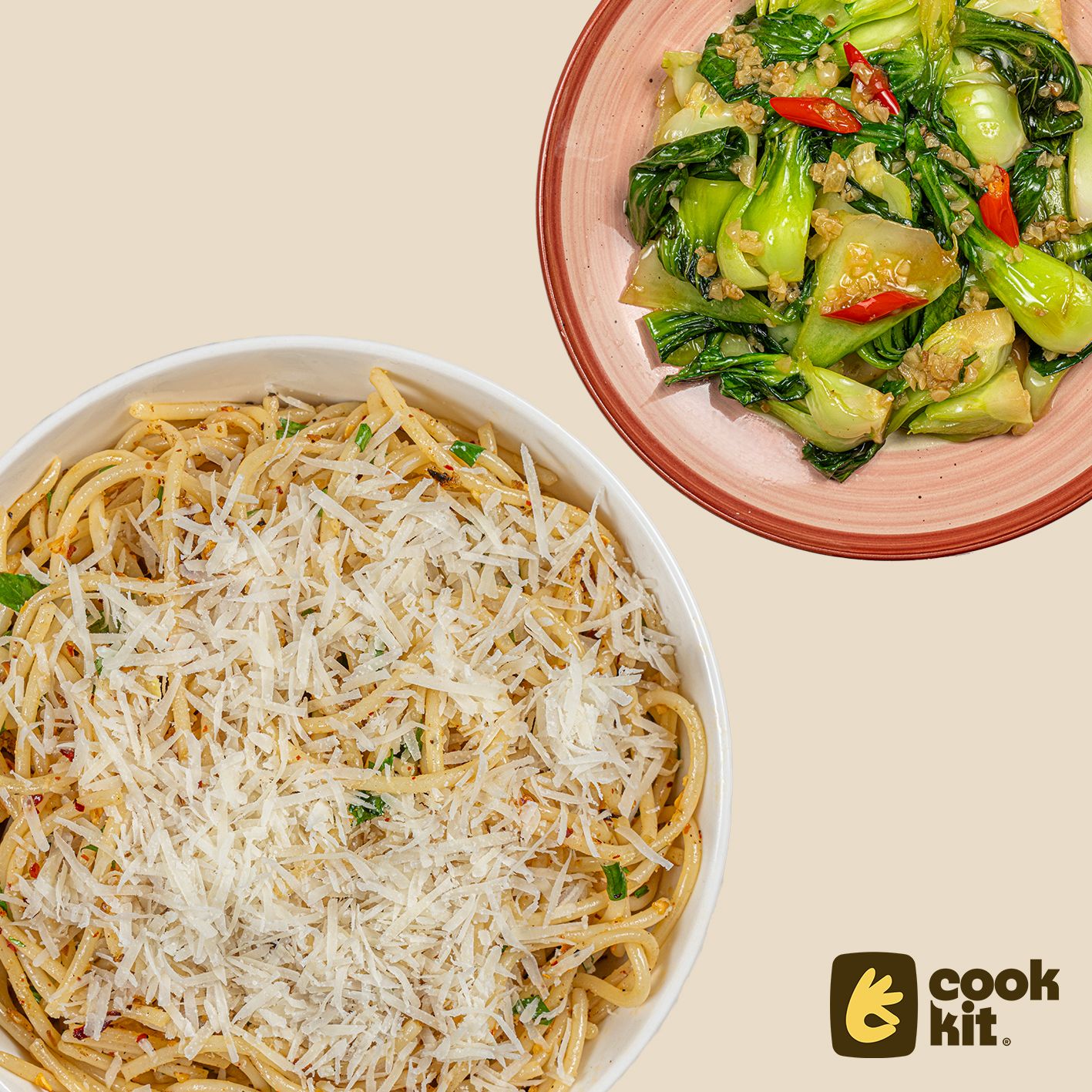 Pak Choi Garlic Stir Fry + Spaghetti Aglio Olio.