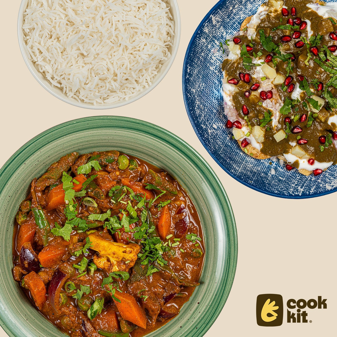 Paapdi chaat + Veg Kadai + Rice.