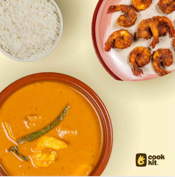Prawns Rawa Fried + Prawns Raw Mango Curry + Rice.