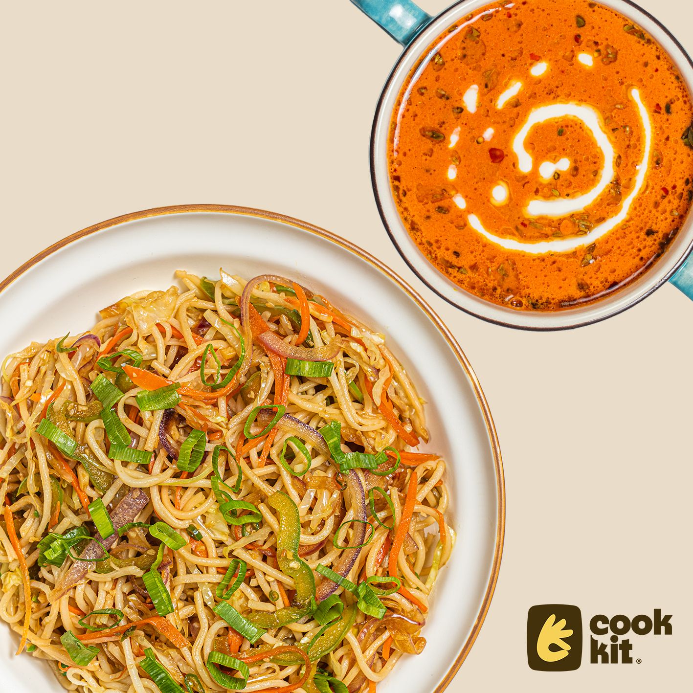 Roasted Tomato Soup + Veg Hakka Noodles.