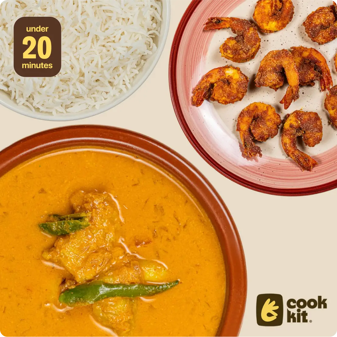 Rawa Fried Prawns + Raw Mango Fish Curry + Rice.
