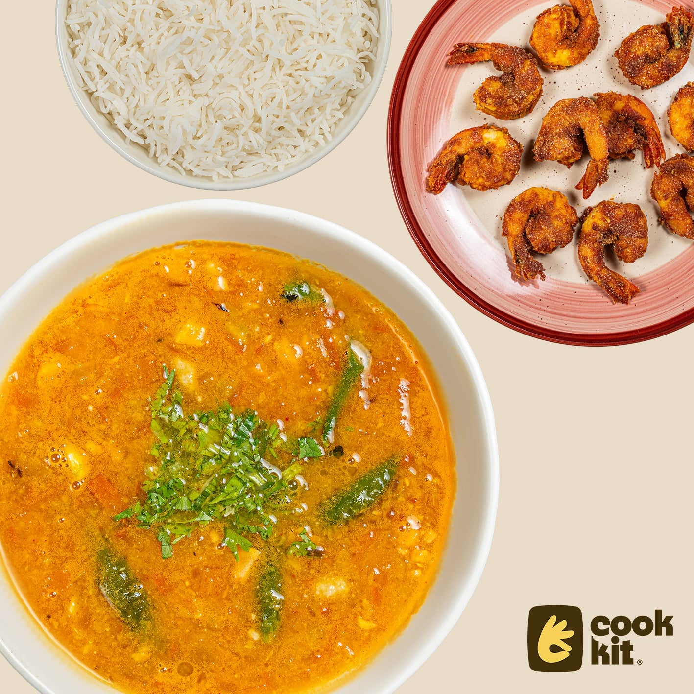 Rawa Fried Prawns + Khobra Jeera Varan + Rice.