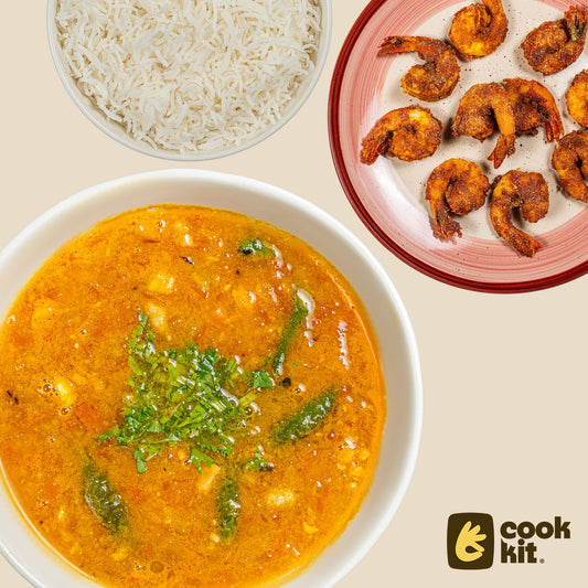 Rawa Fried Prawns + Khobra Jeera Varan + Rice.