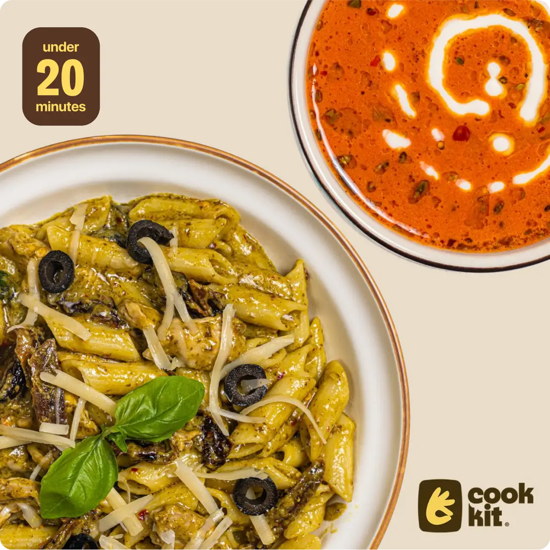 Roasted Tomato Soup + Chicken Penne Pesto.