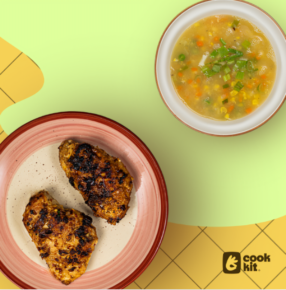 Sweet Corn Soup Veg + Western Style Grilled Chicken.
