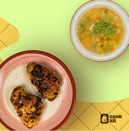 Sweet Corn Soup Veg + Western Style Grilled Chicken.