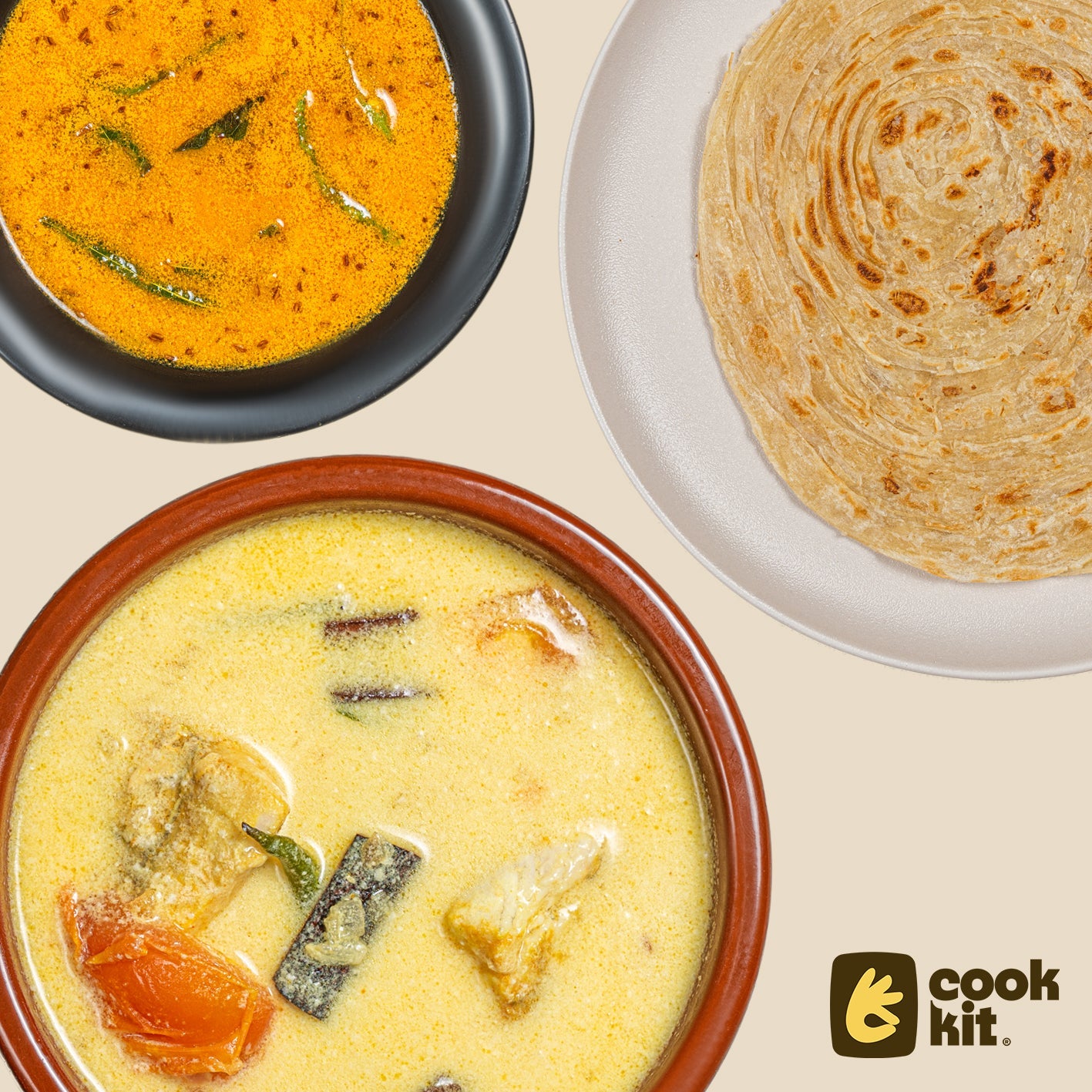 Tomato Saar + Fish Moilee + Paratha.