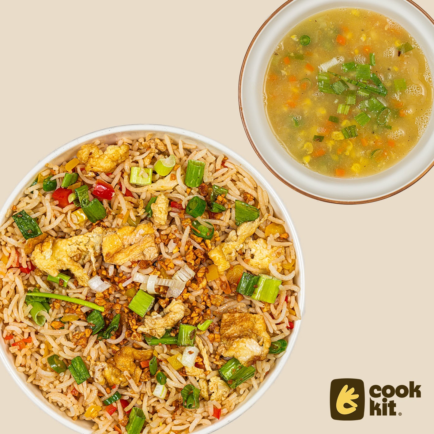 Veg Sweet Corn Soup + Burnt Garllic Egg fried rice.