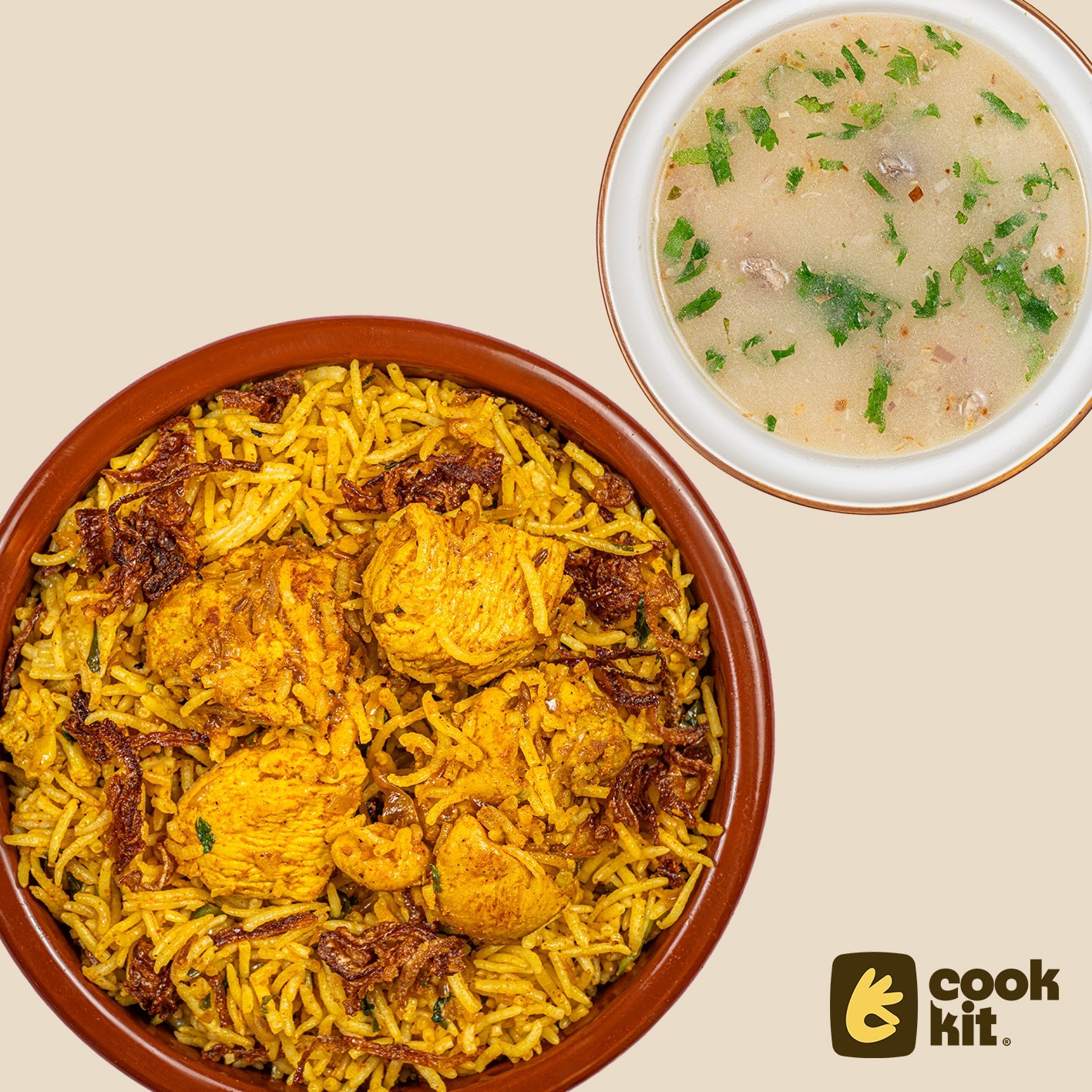 Yakhni Gosht Shorba + Chicken Biryani.