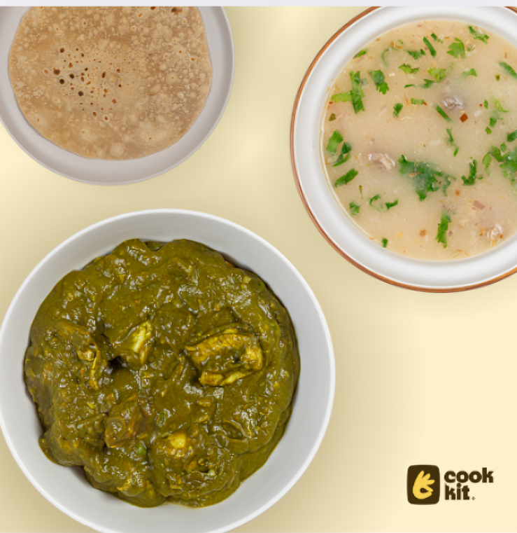Yakhni Gosht Shorba + Chicken Saag + Chapati.