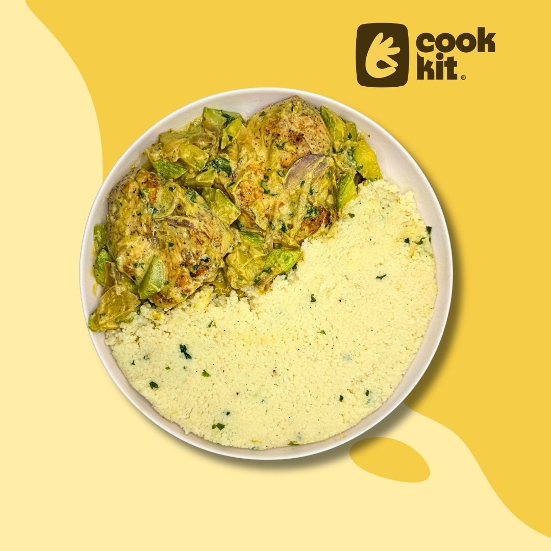 Chicken in Saffron Cream with Zucchini and Herbs served with Lemon Herb Couscous